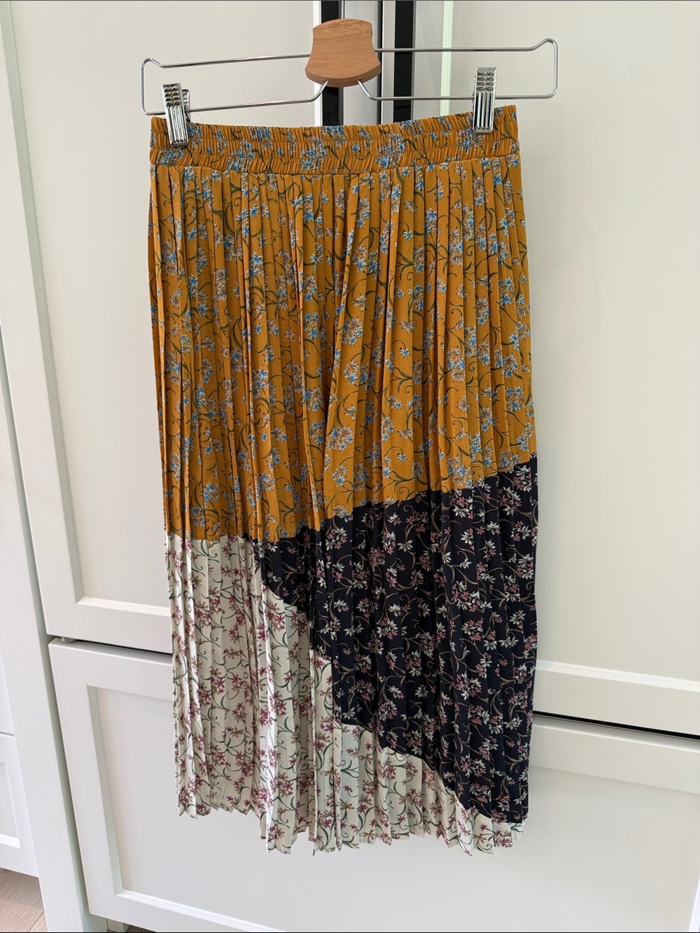 Roolee Mustard, Black & Cream Floral Pleated Midi Skirt